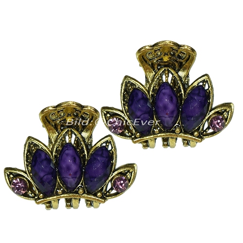 2x Haargreifer Haarklammer Metall Strass Vintage lila/violett gold 5279 - zum Schließen ins Bild klicken
